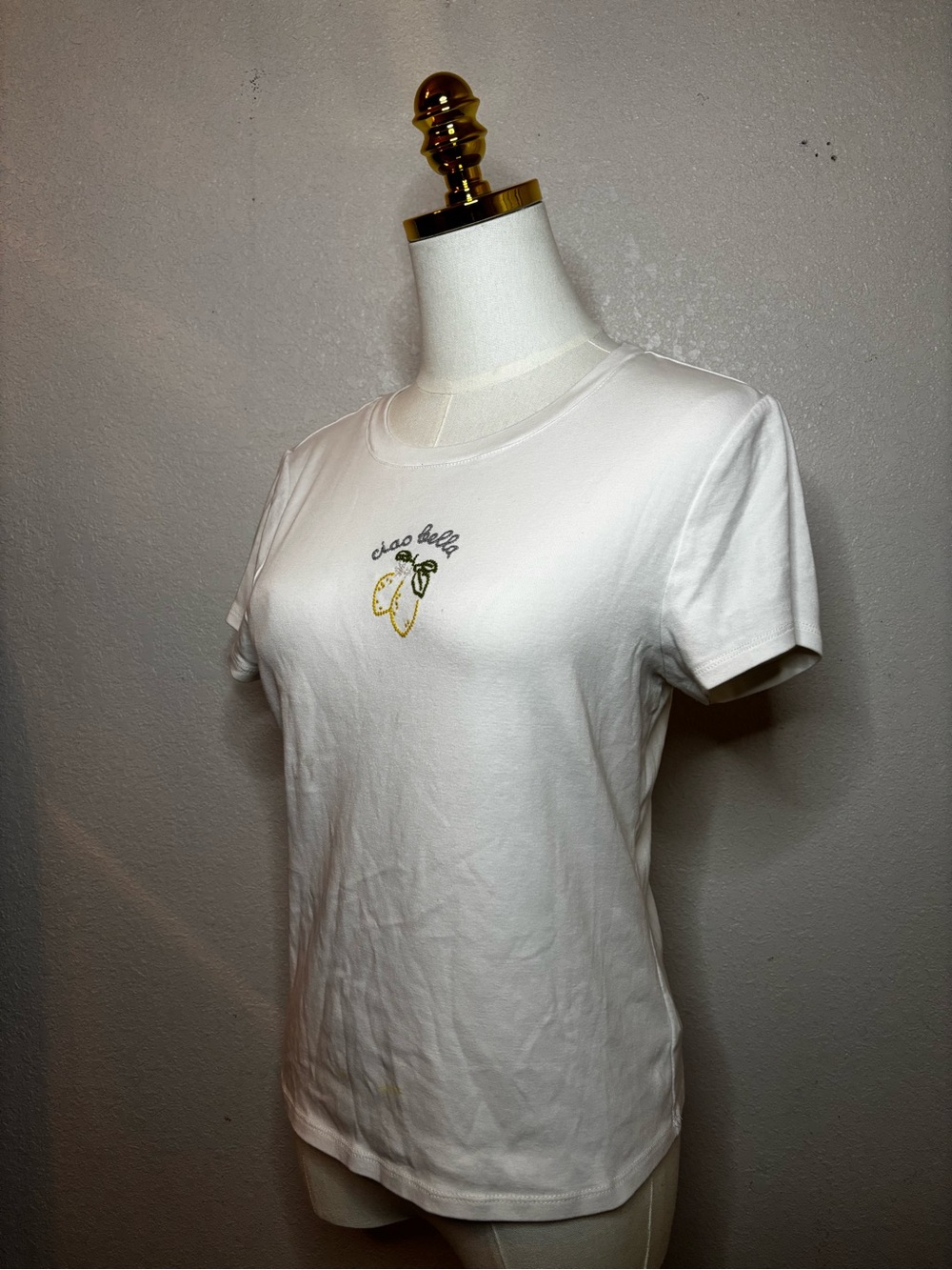 Lucky Brand White Short Sleeve Tee with Lemon 'Ciao Bella' Embroidery